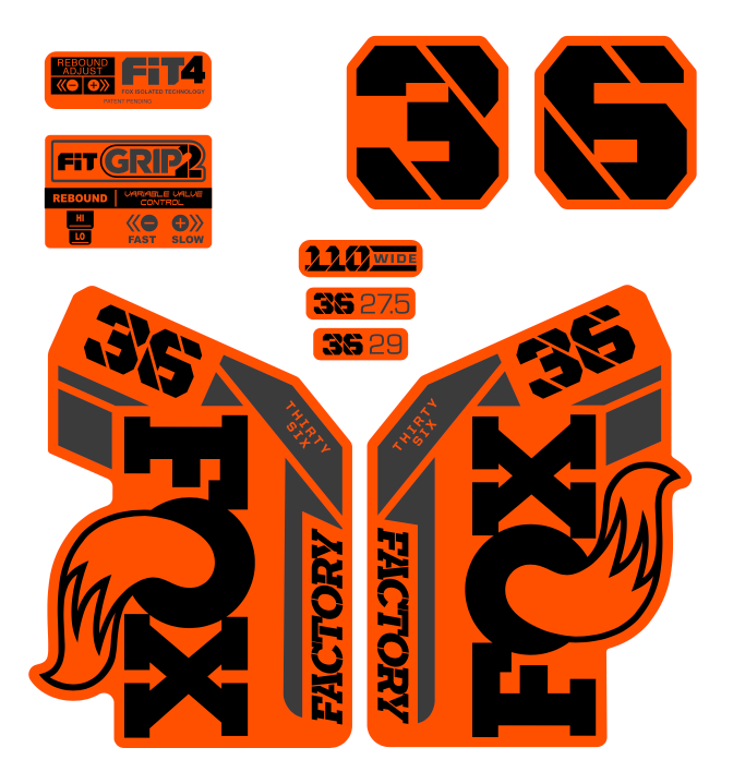 Orange/Black Factory 36 Style Fork Decals For 2021 MTB - Glossy Vinyl Sticker Set (6 Pieces)